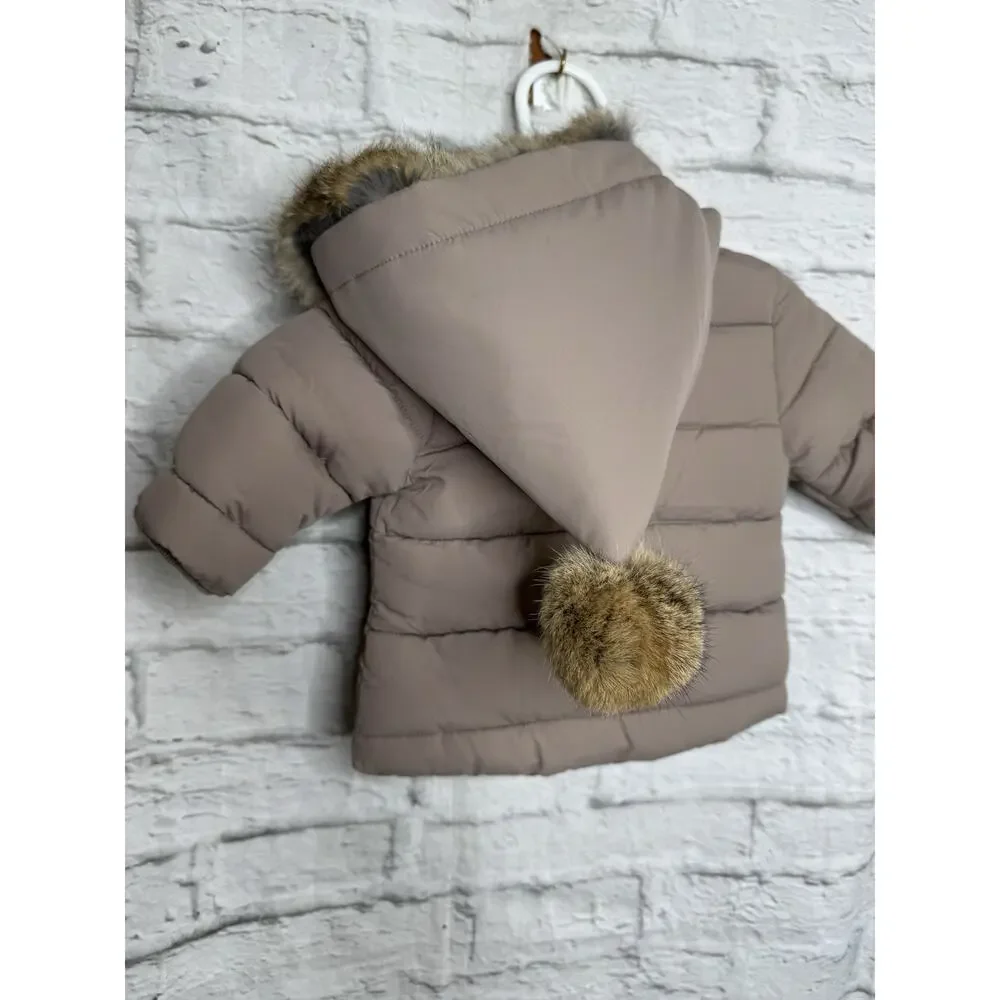 Tartine Et Chocolat Winter Coat Jacket real Fur Puff baby 6m Taupe